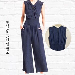 Rebecca Taylor Navy Blue Jumpsuit Sz M 100% Silk Wide Leg Feminine Romantic